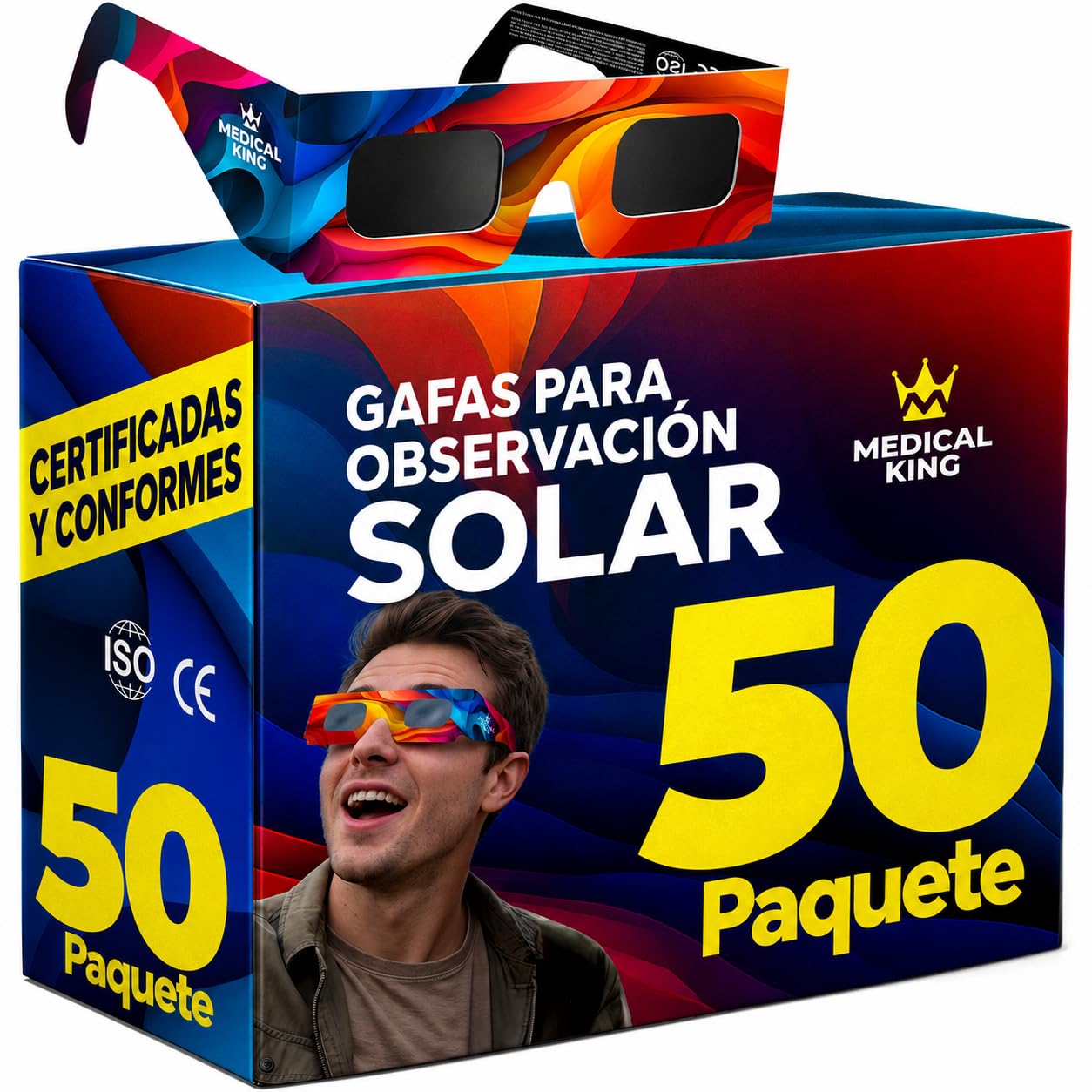 Medical king Gafas Eclipse Solar Homologadas ISO 12312-2 - Viene Con 2 Lentes Fotográficos Para Smartphone Aprobados según la norma ISO, con certificación CE: Gafas para ver eclipses solar 2026