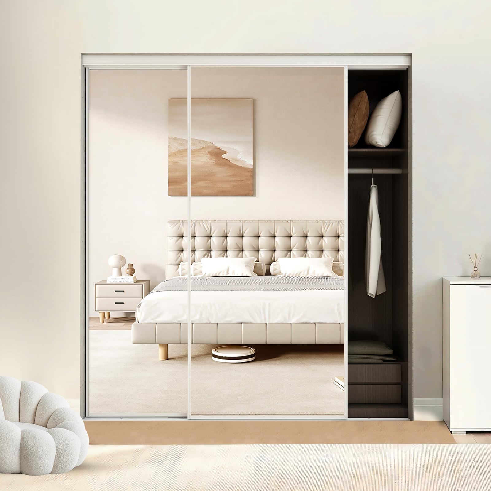 Photo 1 of BARNSMITH 72 x 80 Inches Mirrored Closet Door, One Side Mirror with Top & Bottom Track Kits, 2-Panels Steel Frame Sliding Mirror Closet Door, Easy to Install