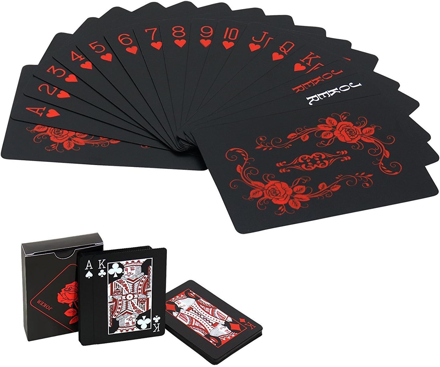 Joyoldelf Waterproof Playing Cards with Unique Pattern & Flower Backing - Cool Black PVC Flexible Classic Magic Poker Tricks Tool