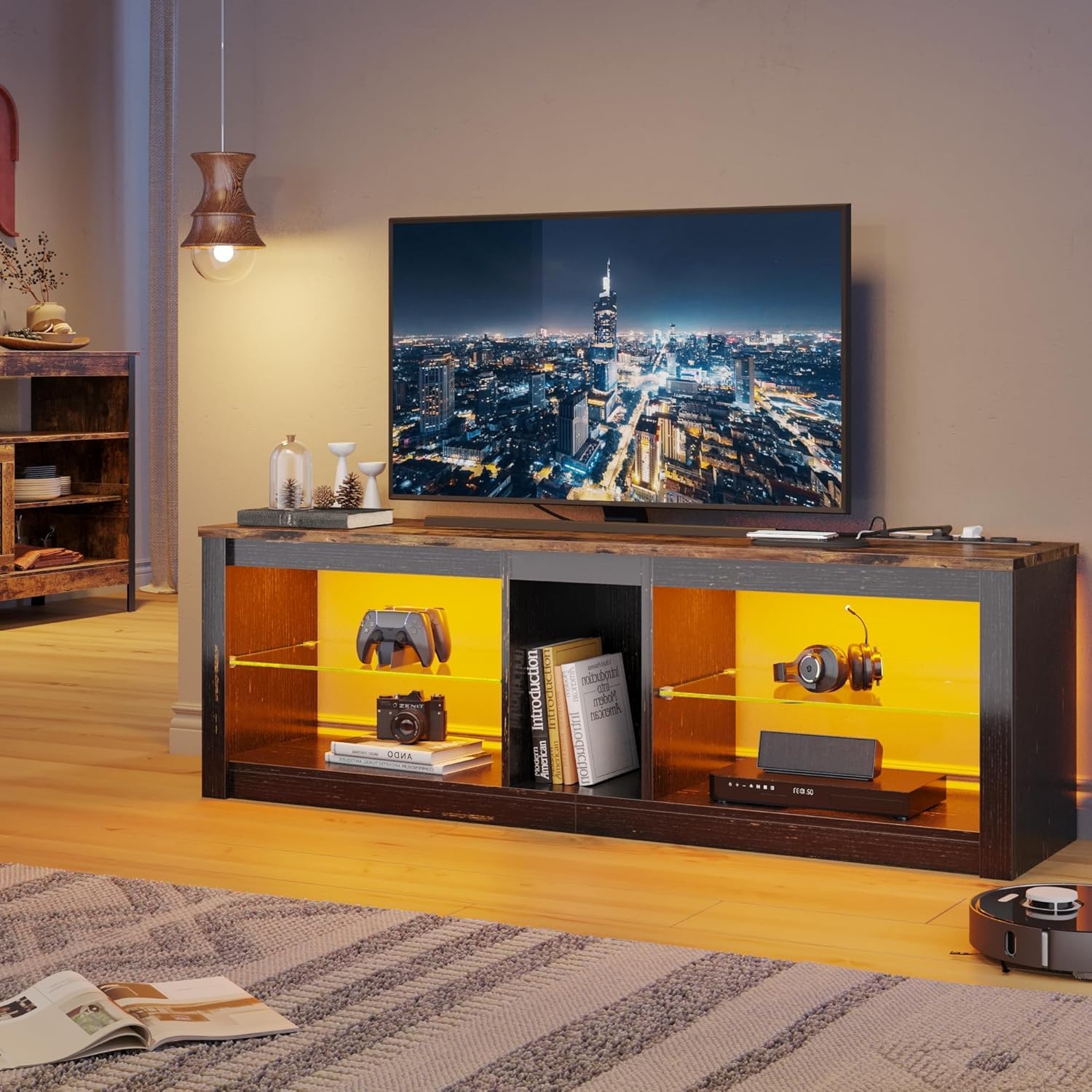 Bestier Moderno Mueble para TV de 140 cm, para TV con Estante de Cristal, Iluminación LED RGB para Televisores de 65 Pulgadas, para TV con Luces Ambientales para Sala de Estar y Dormitorio