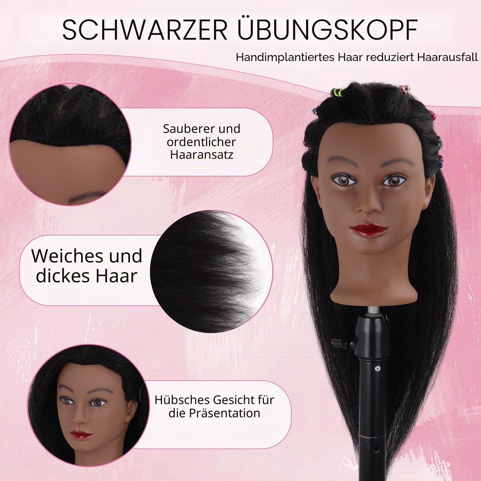 Schwarzer Mannequin-Kopf Afro 100% Echthaar, 45,7 cm, gerades Styling-Kopfmodell für Mädchen zum Üben, Haarstyling-Kopf und Übungsset für Kosmetiktraining und Stylisten