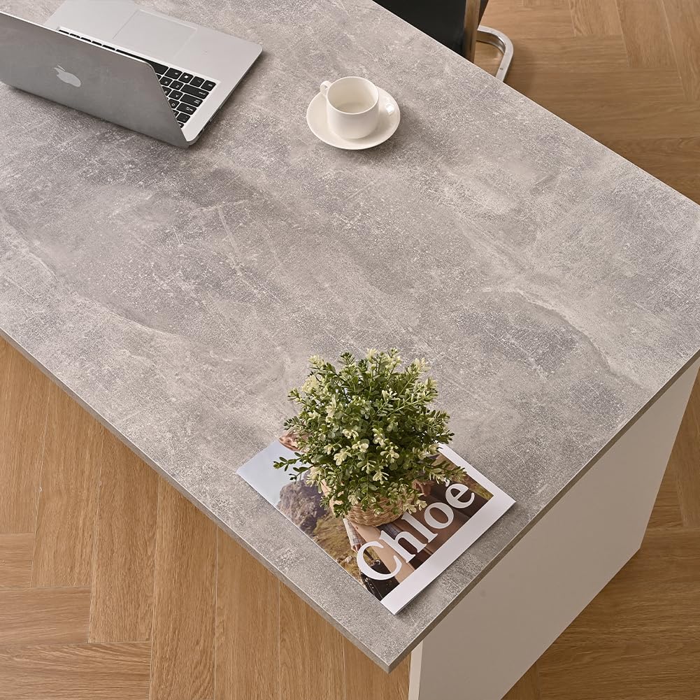 Shally Dogan Scrivania da Ufficio in Legno per Computer, Tavolo Desk Porta PC Studio, Lavoro, Cameretta, Postazione Home Office Moderno, Resistente Urti Graffi, 180 x 80 x 74 cm (Cemento e Bianco)