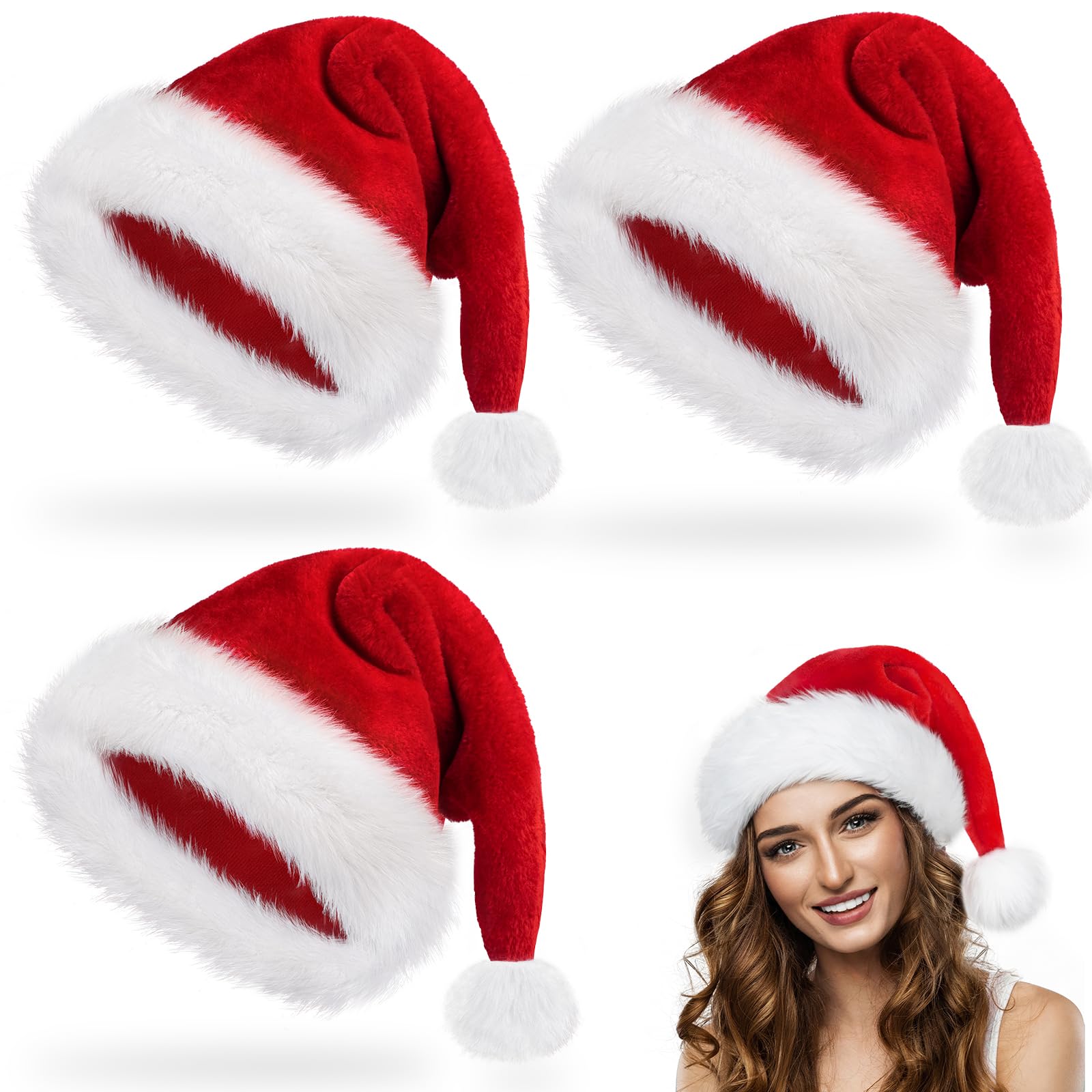 3 PCS Santa Hats Christmas Hats for Adults Bulk, Luxury Father Christmas Hats Plush Xmas Santa Claus Hat, Velvet Comfy Santa Outfit for New Year Festive Party Supply, Thicken Classic Fur Decorations