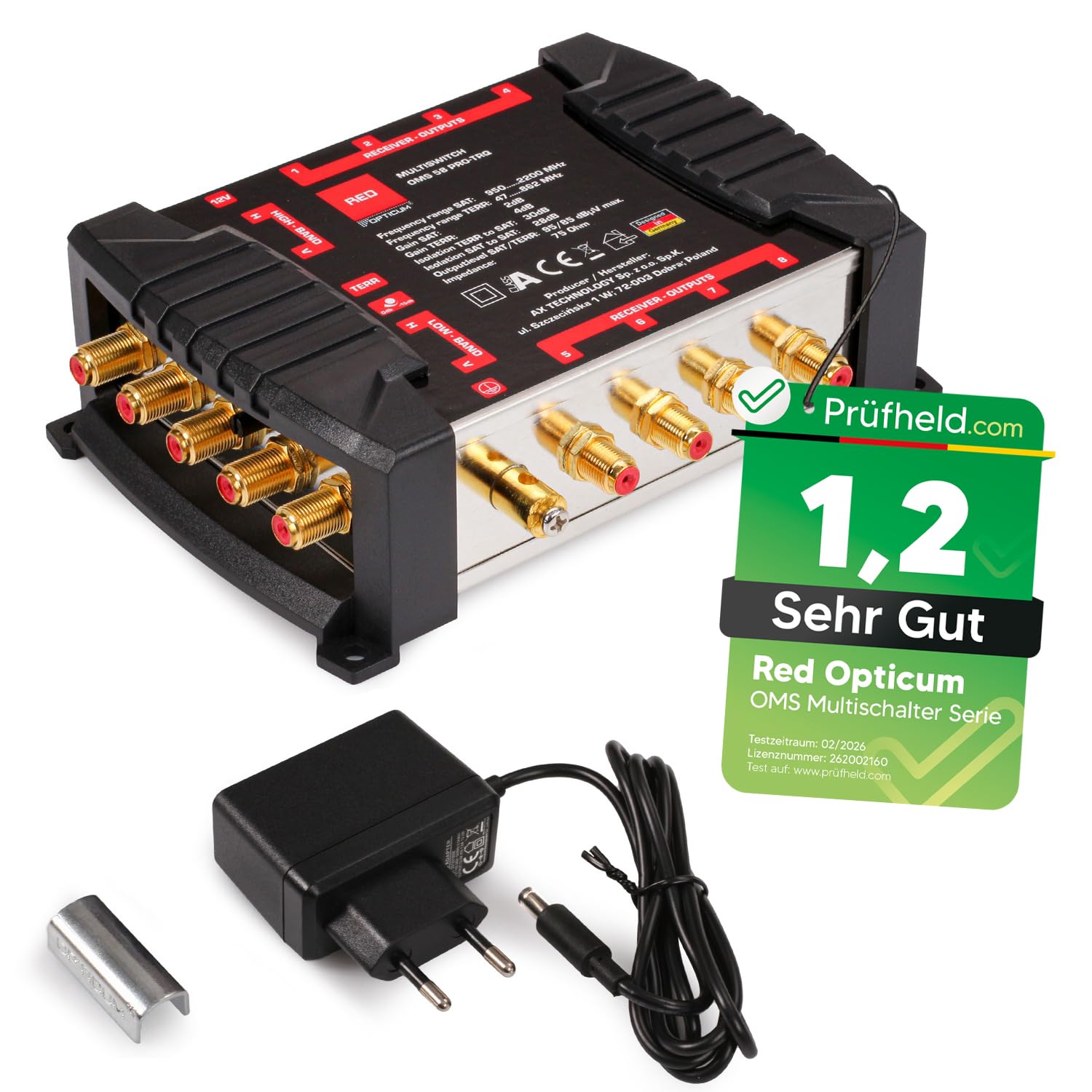 RED OPTICUM OMS 5/8 Pro TRQ Multiswitch pour recevoir Une Position Satellite jusqu'à 8 participants/Contacts plaqués Or/4K, 3D, UHD adapté/Quattro et Quad LNB adaptés 2084