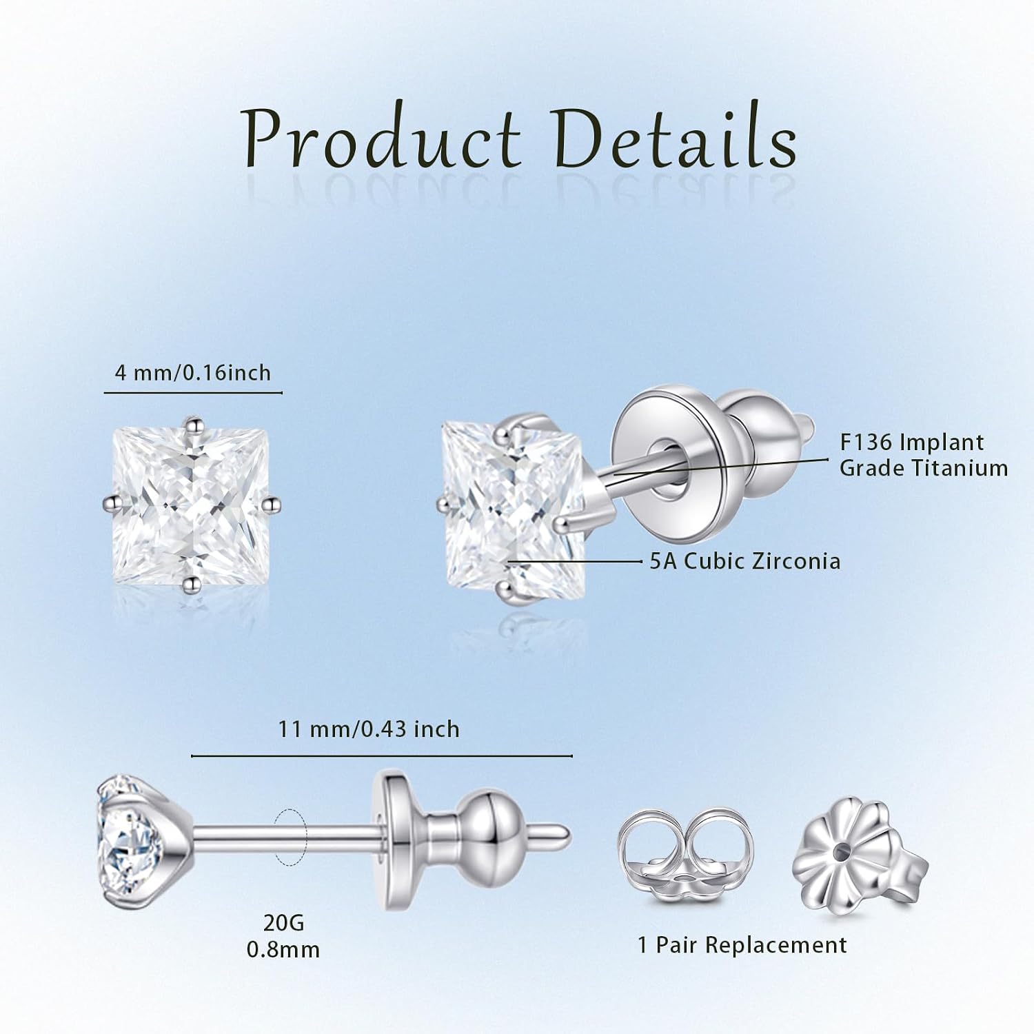Limerencia G23 Pure Titanium Earrings F136 Implant Grade Titanium Studs 20G Hypoallergenic Round Cubic Zirconia/Princess-Cut/Square/Ball Earrings for Women Men Sensitive Ears