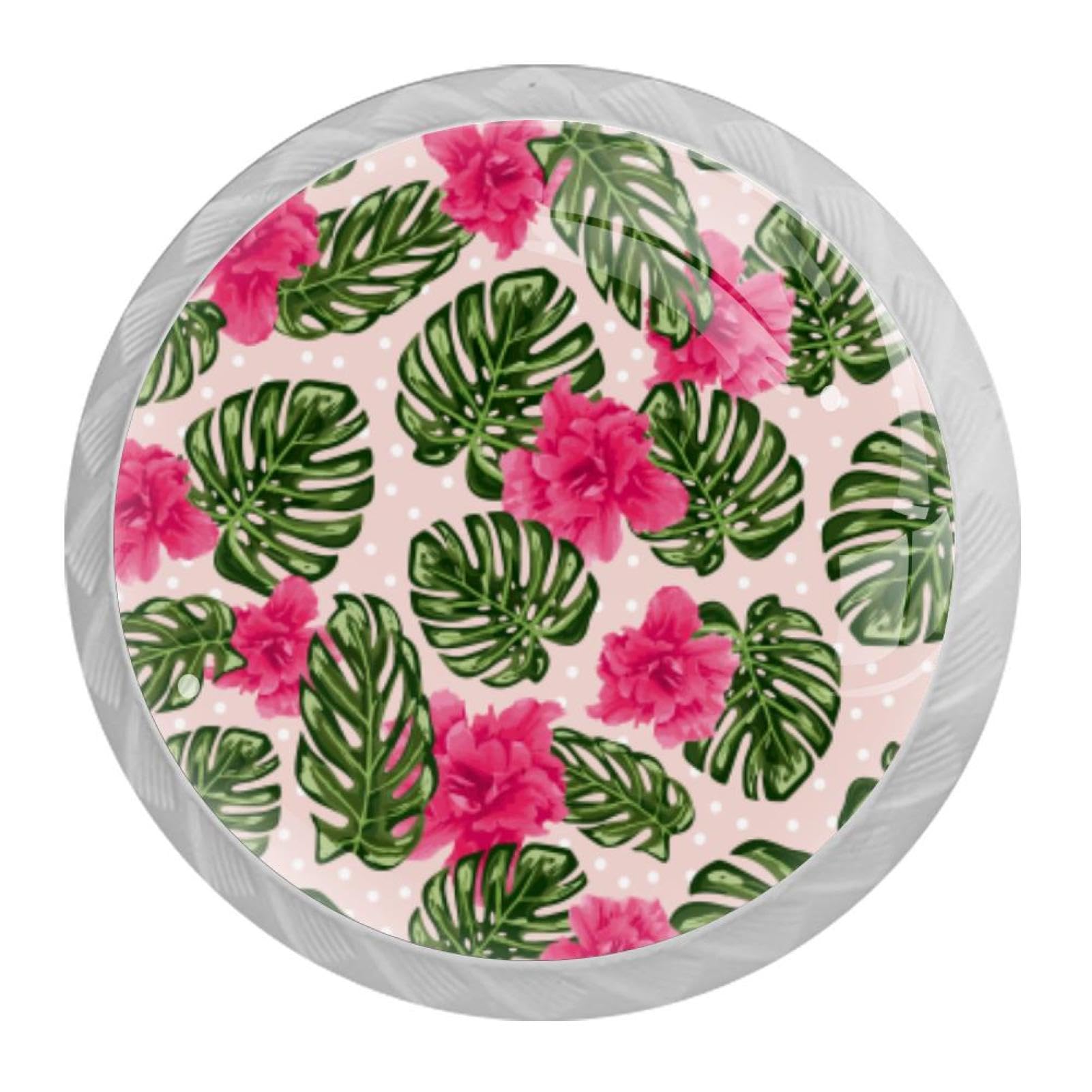 Tqmspg 4 Pieces Drawer Pulls Green Palm Red Flowers Door Knobs Dresser Handles for Kitchen Wardrobe Cupboard Hardware Furniture