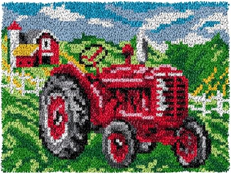 ZFFLYH Latch Hook Kits for Adults DIY Crochet Yarn Rugs Hooking Craft Kit Colour Pre-Printed Canvas Rug Cross Stitch Crocheting Embroidery Tapestry Home Decoration 20.5X15,Red Tractor