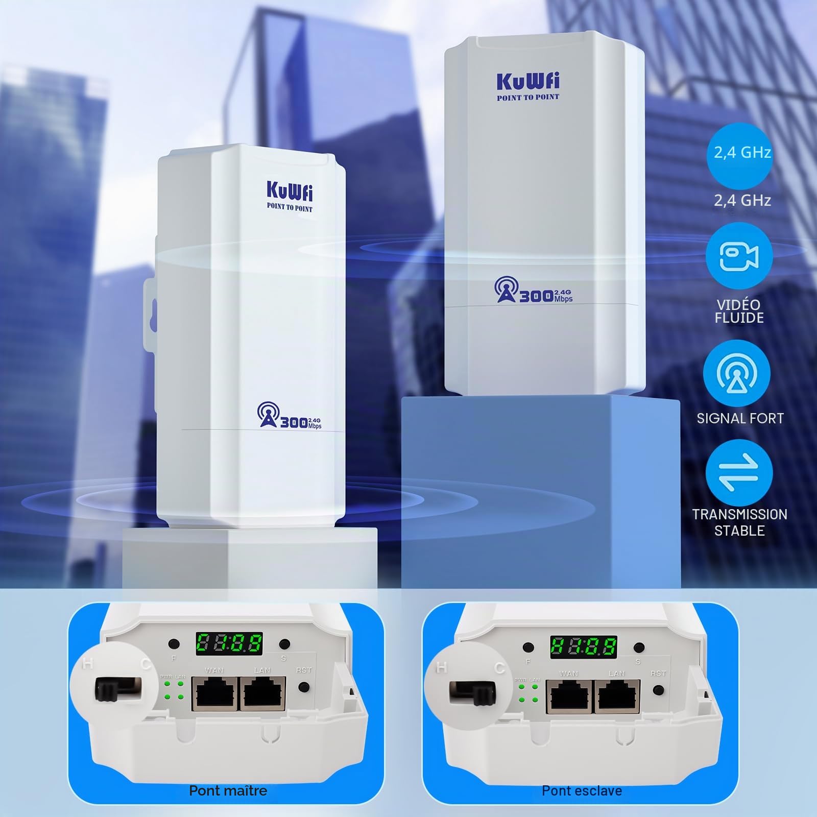 Point d'accès externe, pont sans fil KuWFi 2,4 GHz 300 Mbps, antenne Wi-Fi externe 8 dBi CPE avec écran LED pour la configuration WDS PT/PTMP, Wi-Fi point à point longue portée 1 km pour routeur/camér