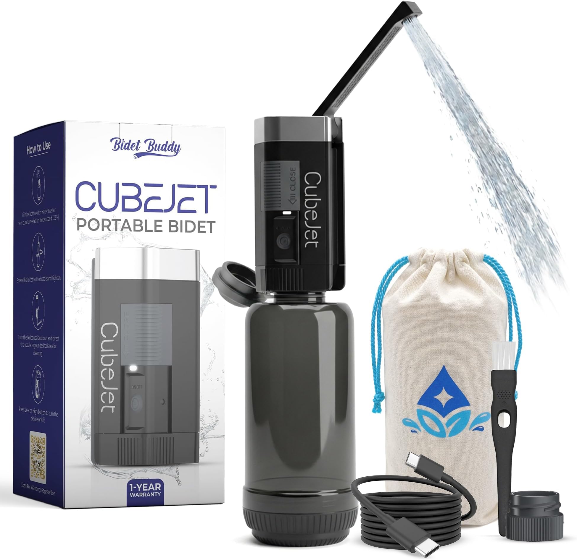 BIDET BUDDY® CubeJet Portable Bidet for Travel - 380ml Bottle, 1100mAh Rechargeable Battery, IPX6 Waterproof Wand-Style Nozzle, USB-C High-Pressure Hygiene Device for Camping & Home