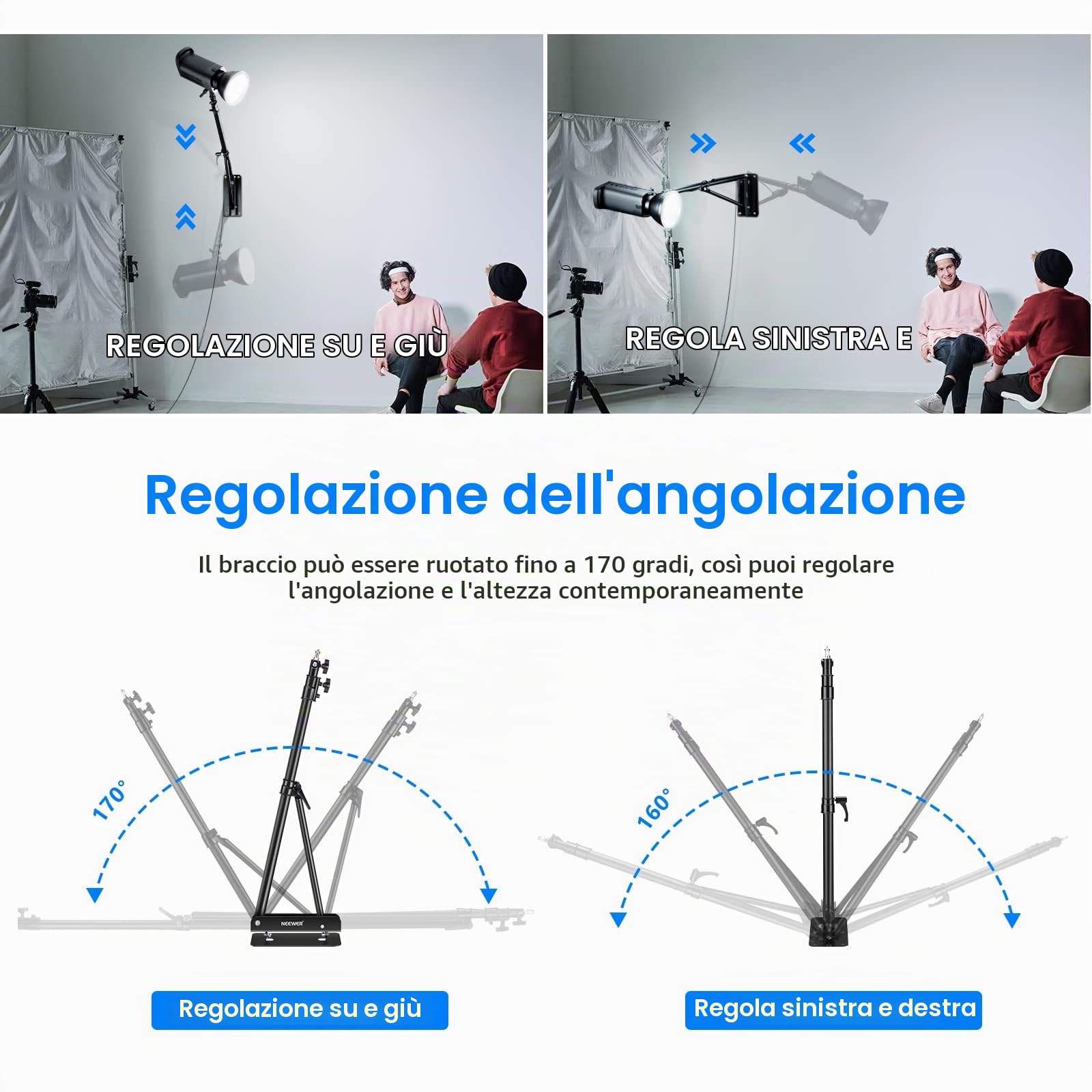 Neewer 2pz Braccio Asta di Supporto Triangolare per Montaggio a Parete di Strobi Monoluci Softbox Ombrelli Riflettori ECC, Flessibile Rotazione a 180°, Lunghezza Massima di 180cm (Nero)