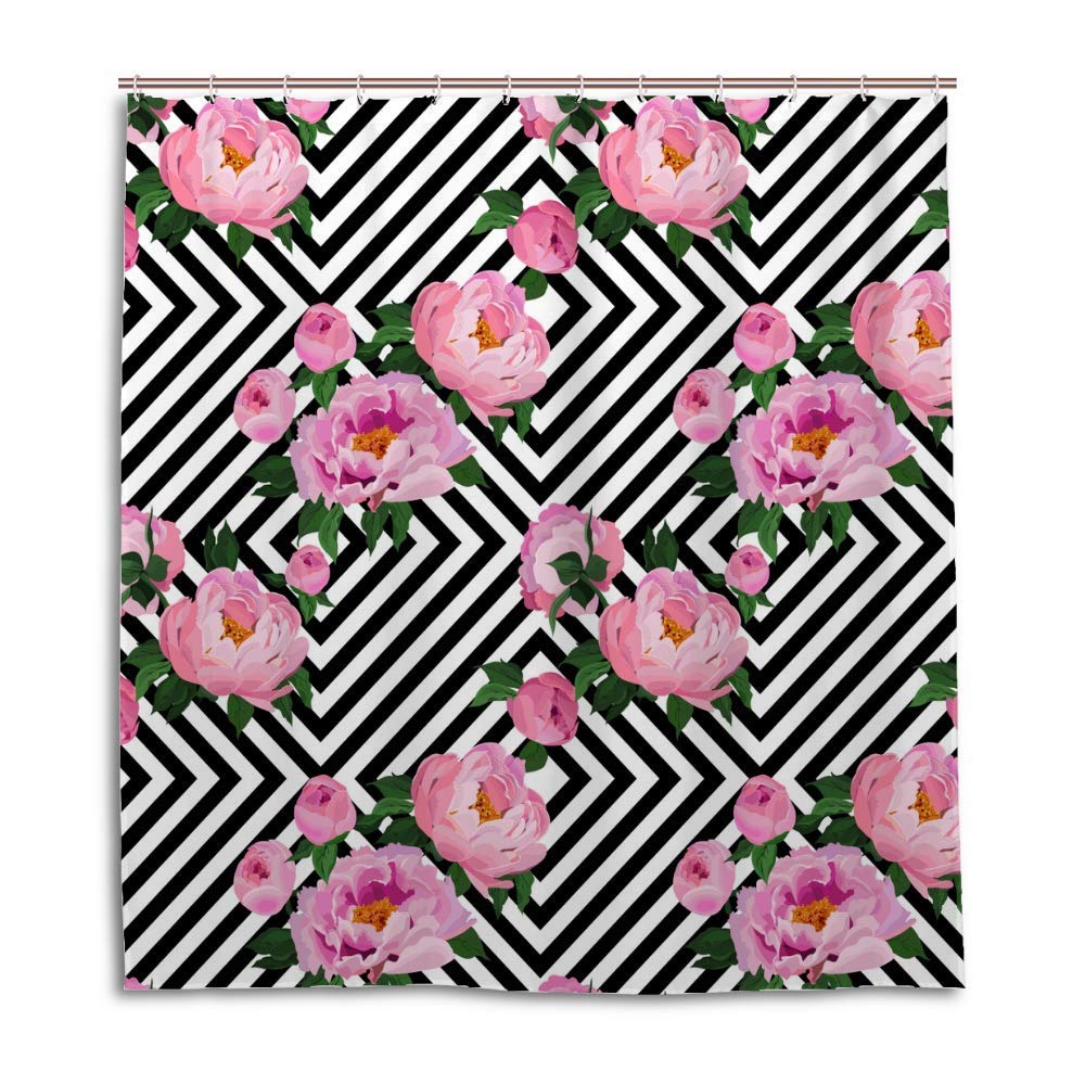 Rideau de douche rose noir et blanc polyester lavable rideau salle de bain avec crochets