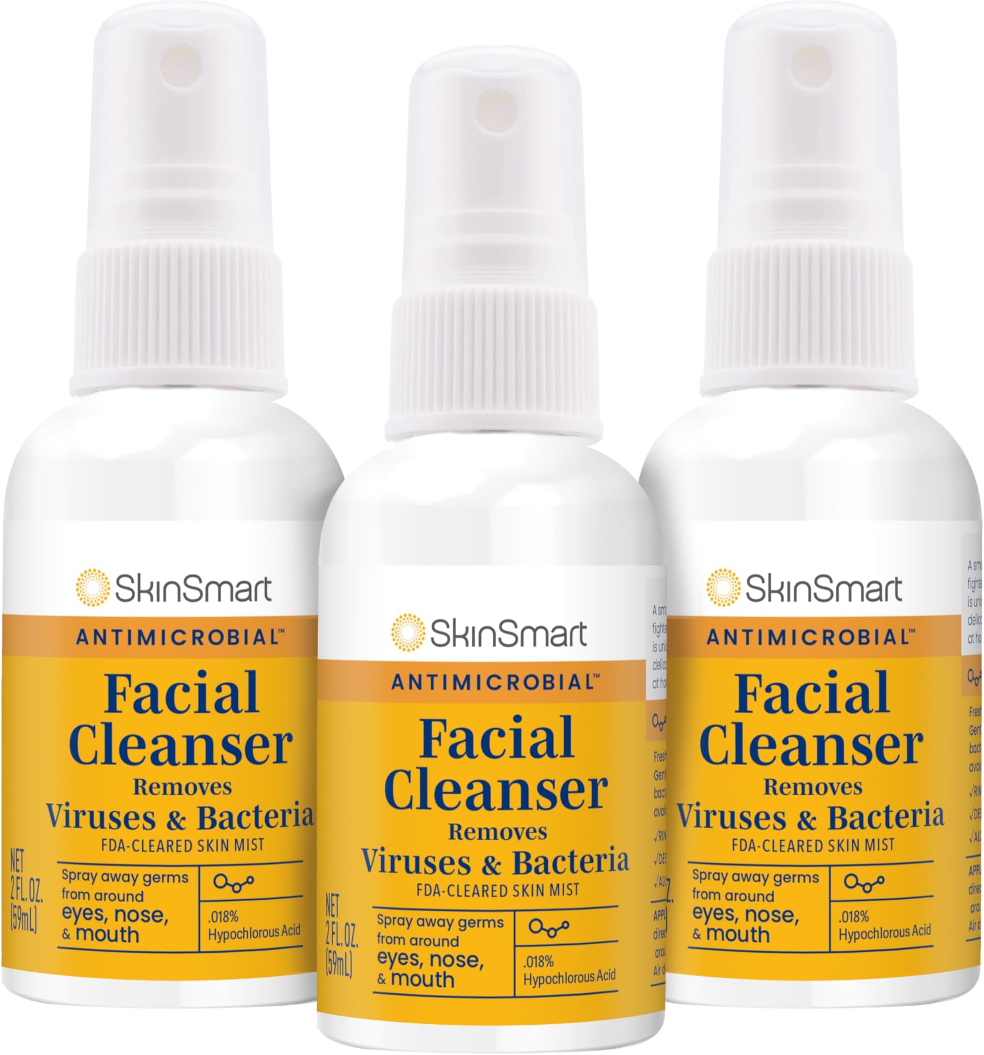 SkinSmart Antimicrobial Facial Cleanser Spray to Remove Viruses and Bacteria Around Eyes, Nose and Mouth, Fight Maskne, 2 oz Spray (3 Pack) Non-Irritating Hypochlorous Acid