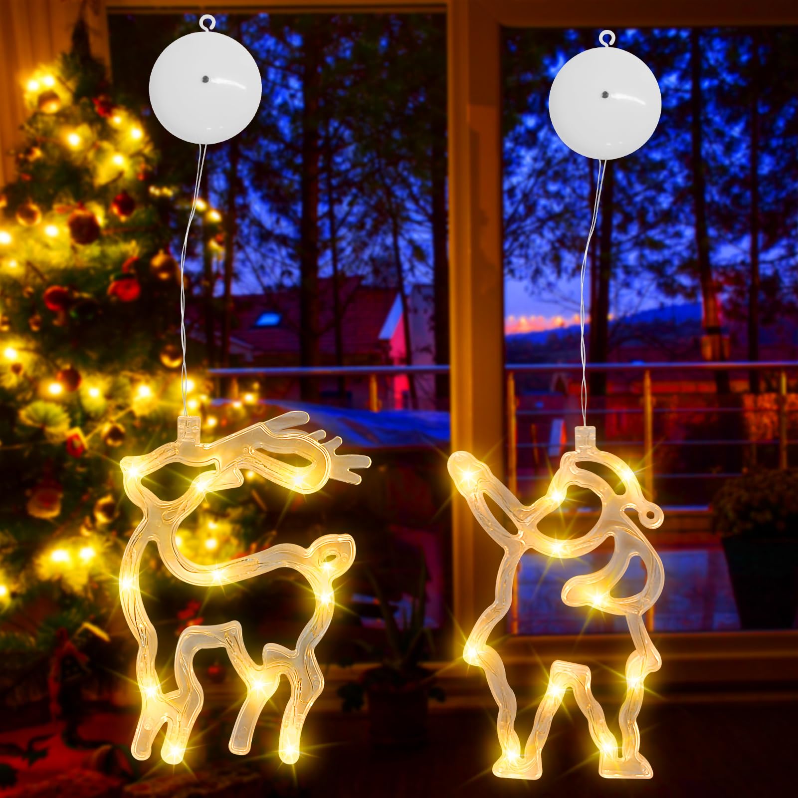 2 Piezas Luces de Decoración Navideña,Luces de Navidad,Cortina de Luces a Pilas,con Ventosa,para Decoración Fiestas Navideñas Interiores Exteriores(Blanca Cálida)