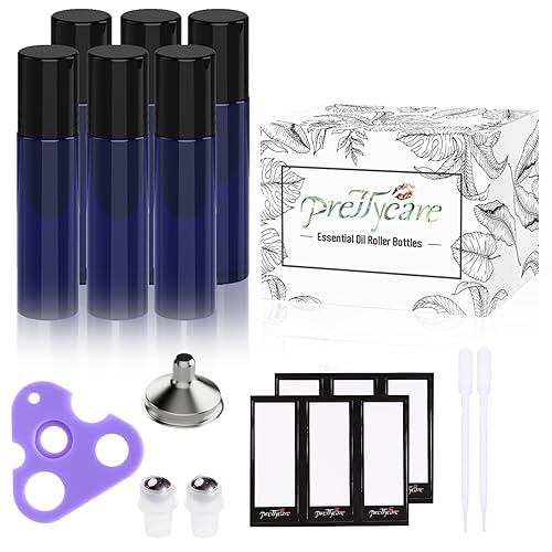 Miniatura 7 de PrettyCare Botellas enrollables para aceites de 0.3 fl oz (vidrio azul, paquete de 6, 1 bolas de acero inoxidable adicionales, 12 etiquetas, 1