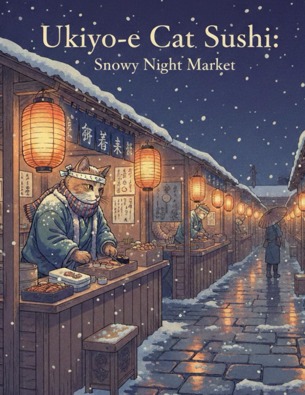 Ukiyo-e Cat Sushi: Snowy Night Market: A Cozy Ukiyo-e Style Coloring Book for Adults