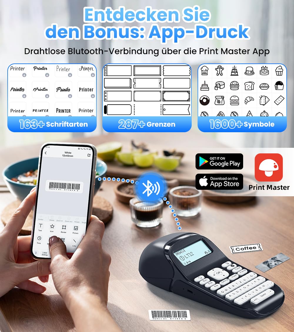 Phomemo LT12 Etikettendrucker: QWERTZ & Bluetooth, 3-in-1