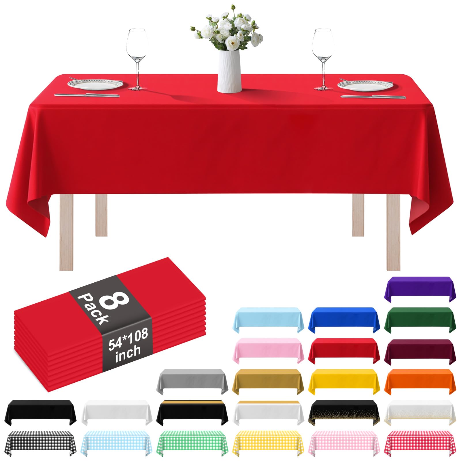 Lot de 8 nappes rectangulaires en plastique jetables pour tables de 1,8 à 2,4 m, 137,2 x 274,3 cm, pour fêtes (rouge, rectangulaire)
