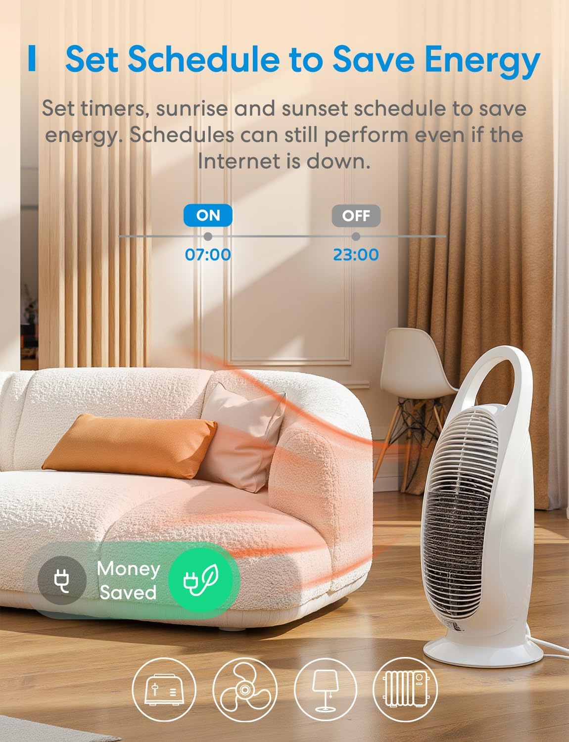 Example of a schedule set in the Meross app, turning a device on at 07:00 and off at 23:00