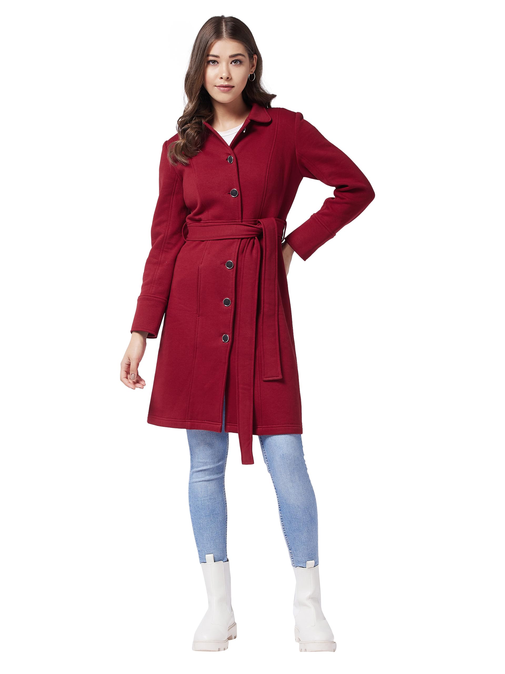 miss chase Women's Maroon Collared Full Sleeve Tie-up Longline Jacket-picture-13