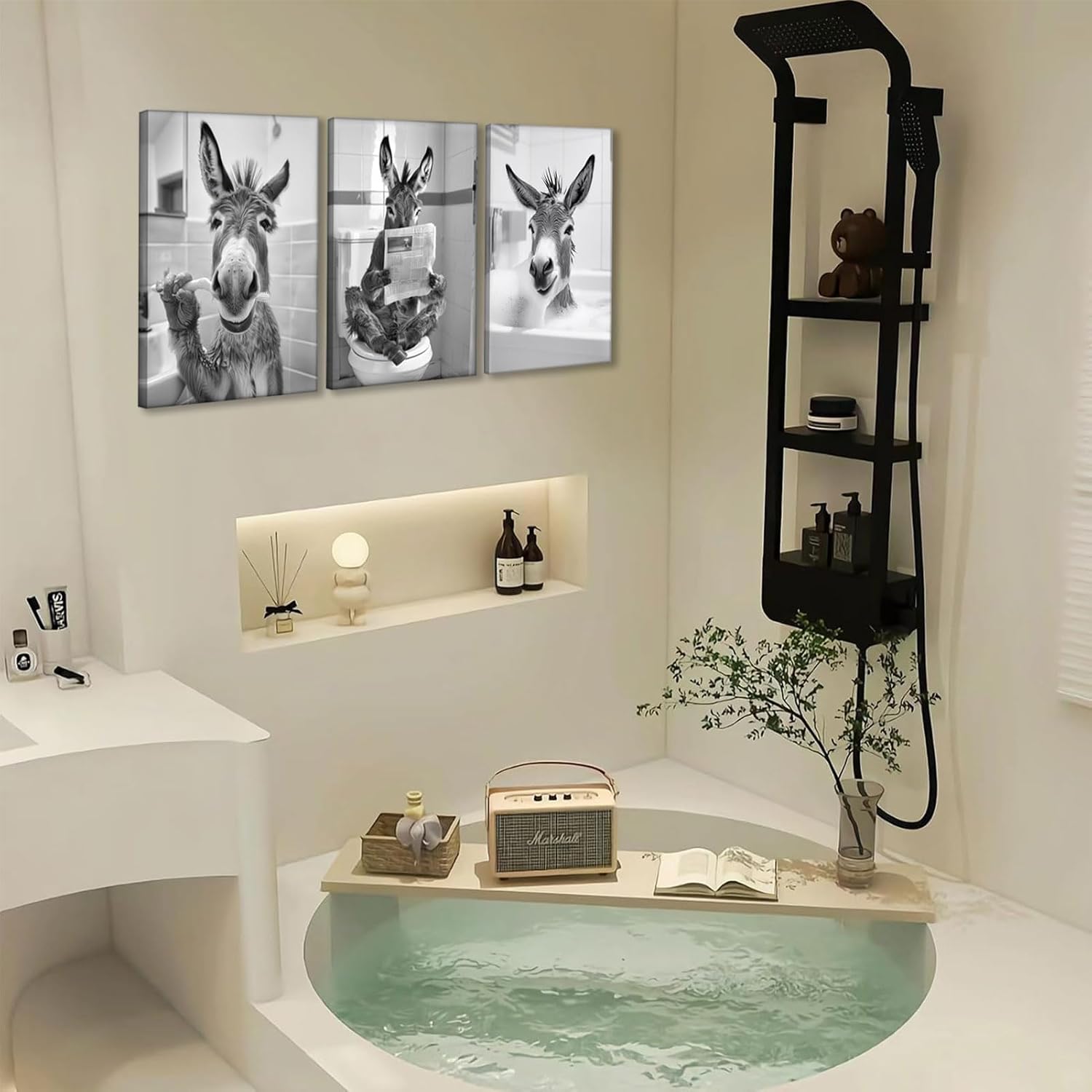 Funny Donkey Bathroom Canvas Wall Art Cute Animal Bathroom Wall Decor Pictures Artwork Donkey on Toilet Bath Brushing Teeth Poster Prints for Wc Toilet Home Decoration Prepare to hang