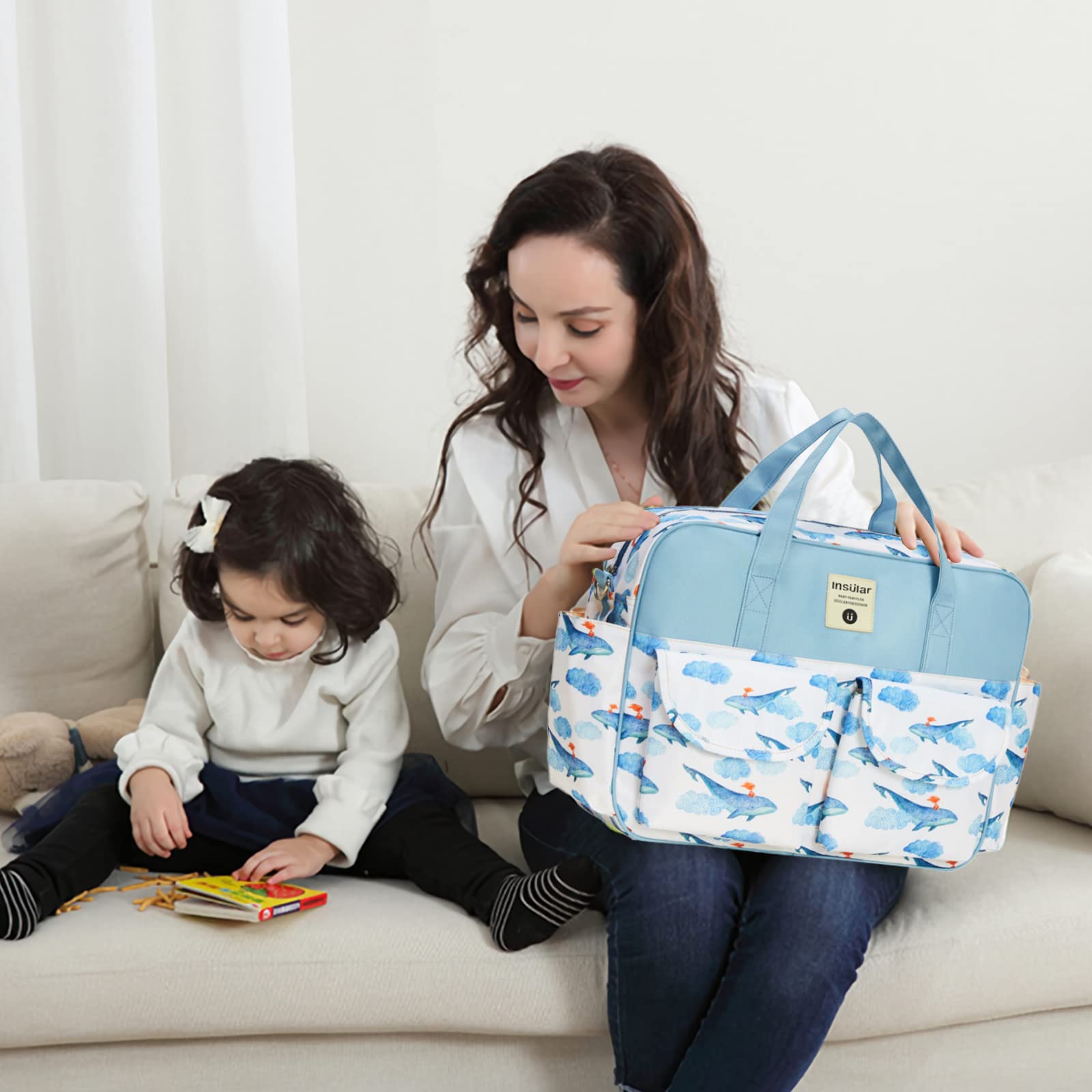 SONARIN Stylish Large Capacity Baby Nappy Changing Tote Bag,Waterproof Baby Changing Bag Satchel Messenger Bag Portable Travel Diaper Bag with Shoulder Strap & Changing Mat(Whale) - Image 2