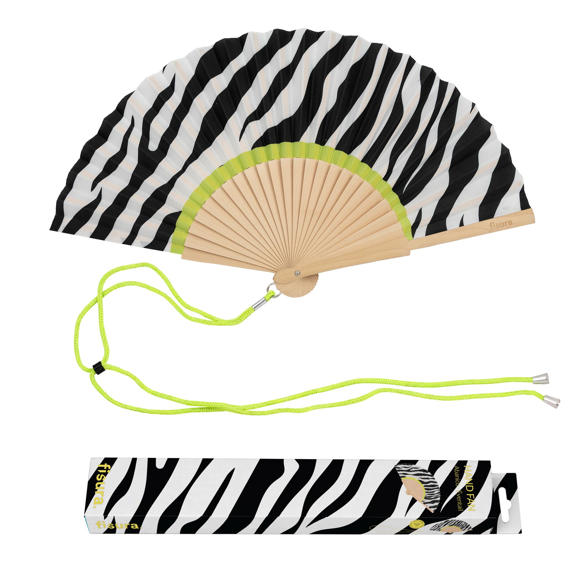 Fisura – Original Folding Fan with Zebra Print, Modern and Colourful Folding Handheld Fan, Black & White Design for Wedding, Rave, Festival - Includes Strap. Size: 42.5 x 23 cm