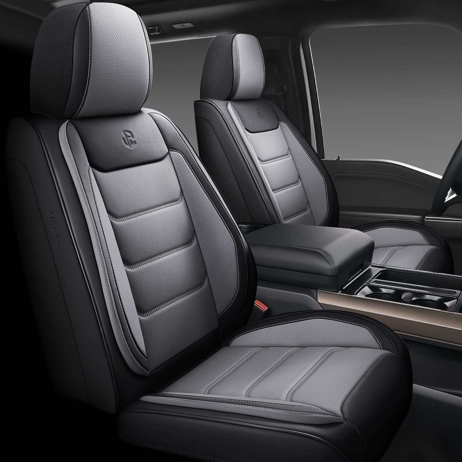 Full Coverage Faux Leather Car Seat Covers Universal Fit for Most Cars,Trucks,Sedans and SUVs with Waterproof Leatherette in Automotive Seat Cover Accessories (Black and Grey)