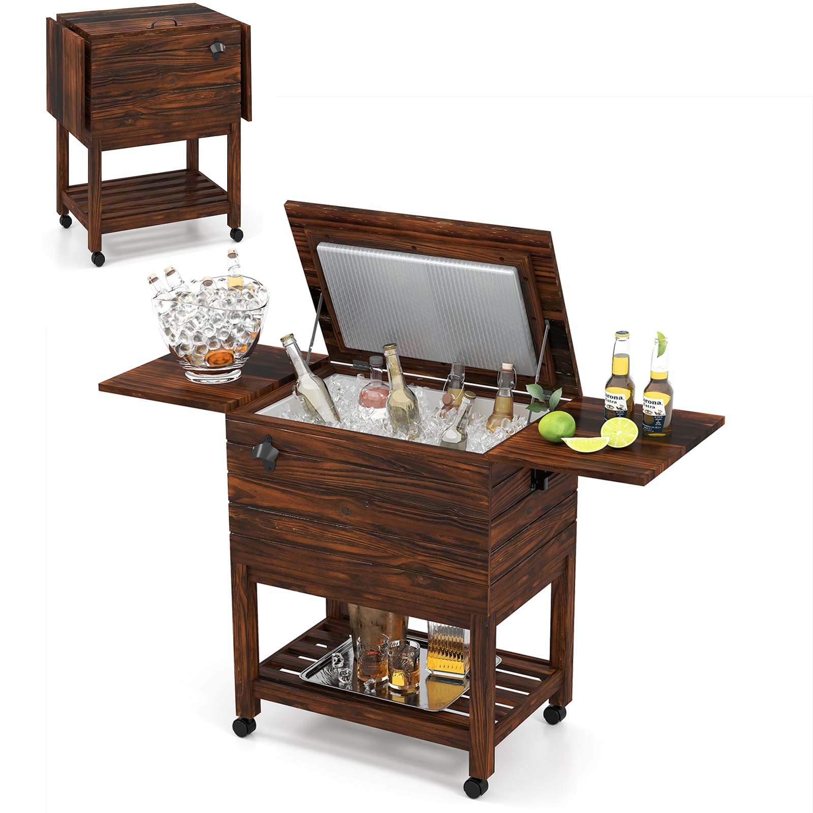 SOARS Nevera móvil para jardín, terraza, piscina, 51 l, bar, 128 x 42,5 x 74 cm, 2-4 horas, 4 ruedas universales, 2 estantes laterales plegables