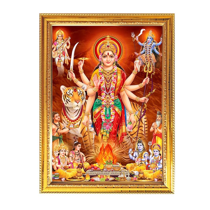 Fashnkart Maa Jagdamba, Kali, Saraswati, Bramha, Bishnoo and Mahesh Golden Photo Frame for Pooja Indian with a religious or spiritual theme Temple Puja Room Home Décor Worship 11.8 X 15.7