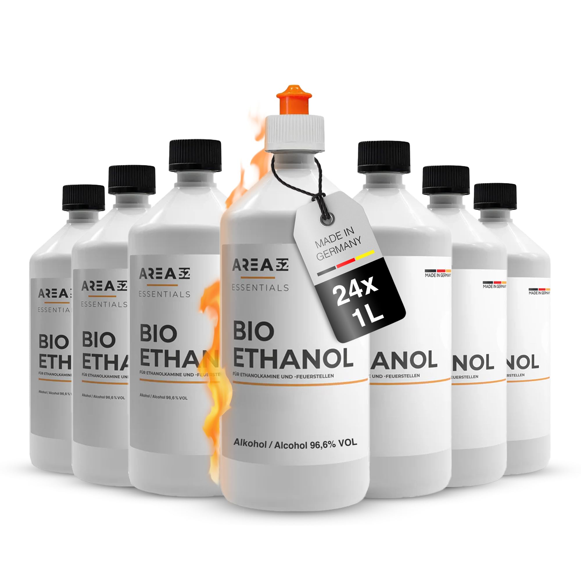 Area52 – Bioethanol 24x1L Set Ethanol – Reiner Ethylalkohol mit 96,6% Reinheitsgrad – Für Ethanolkamine, Tischkamine & Bioethanol-Feuerstellen – Geruchslos & rußfrei – Für Indoor & Outdoor (24 x 1L)