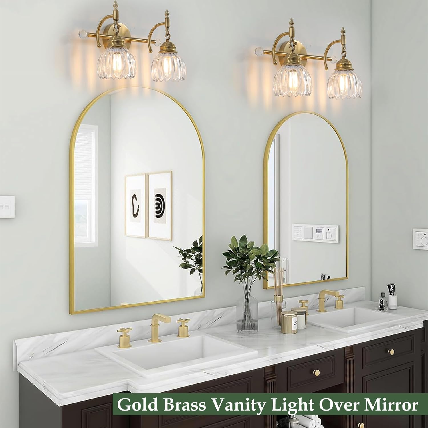 2 Light Vintage Vanity Light,Gold Brass Bathroom Light Fixture with Flower Clear Glass Shades,Bathroom Wall Light Over Mirror,E26 Base,Bulbs NOT Included