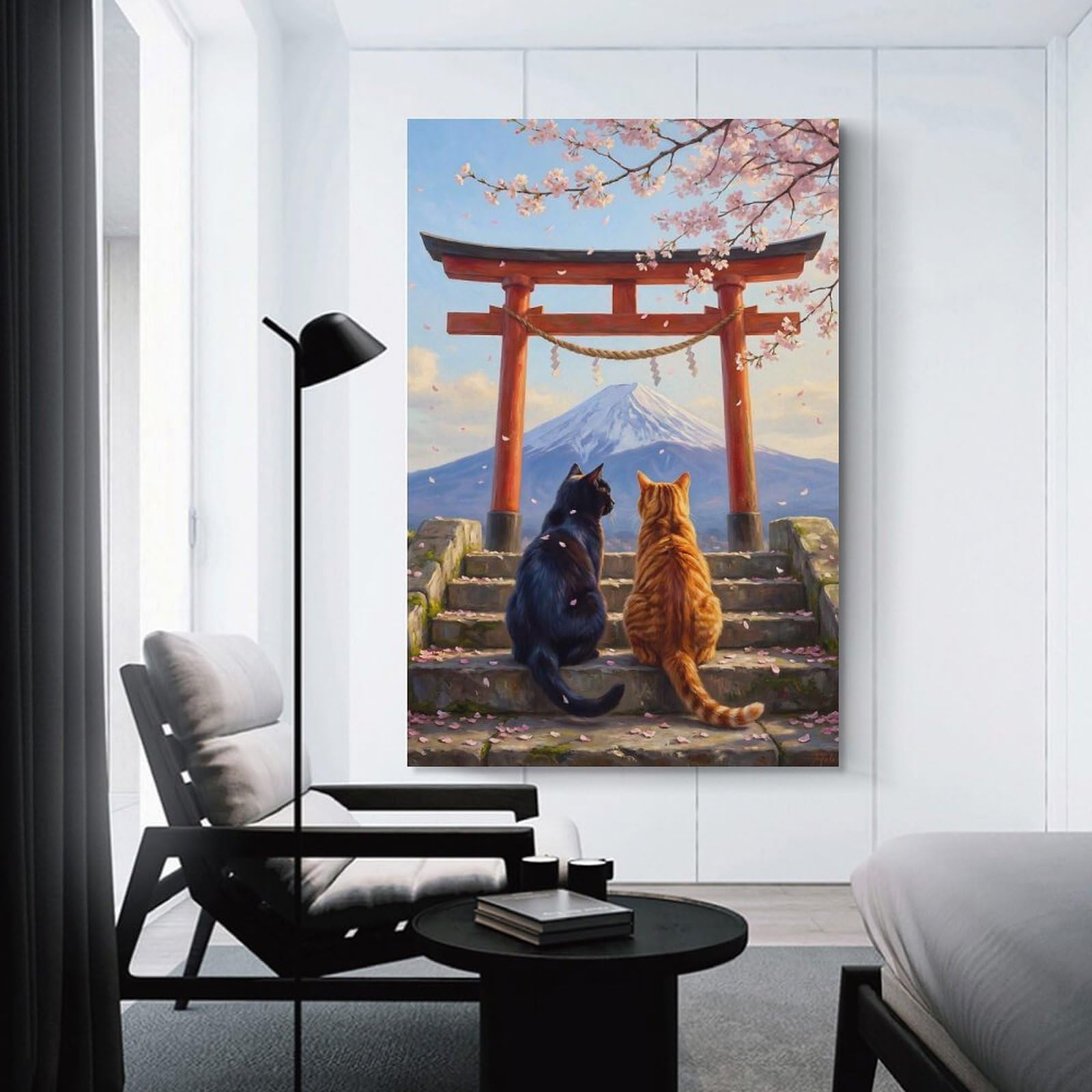Junmoney Cats at Mount Fuji Torii Gate Canvas Wall Decor 20x30inch(50x75cm), for Flats, Guest Rooms Or Compact Rooms, Home Artwork for Modern Interiors