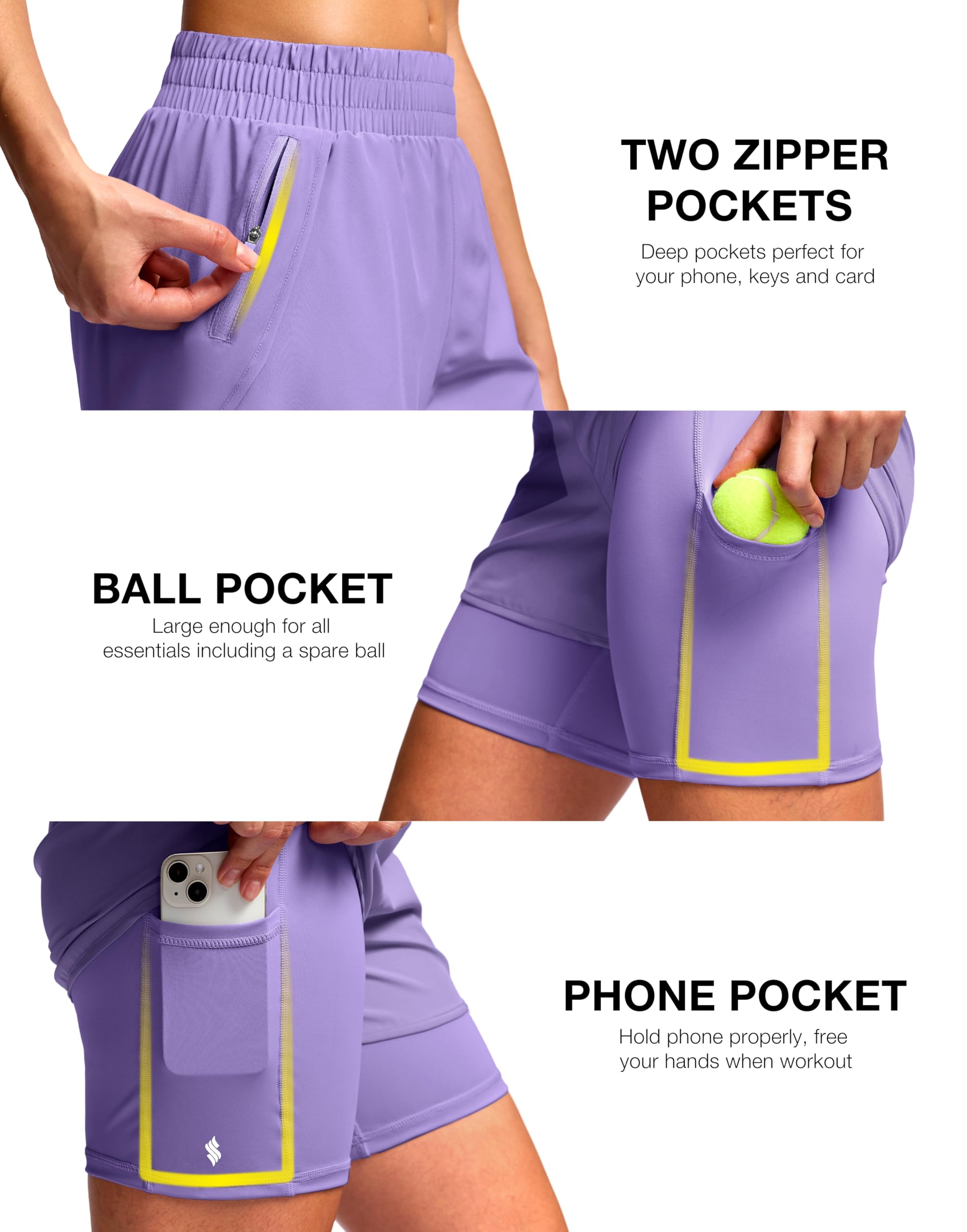 Soothfeel Pantalones cortos deportivos 2 en 1 para correr para mujer con bolsillo con cremallera y forro de 5 pulgadas, cintura alta, para gimnasio, entrenamiento, tenis para mujer