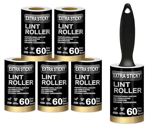 Sendria 1 Handle & 5 Refill (300 Sheets) Lint Roller Fabric Roller Black Lint Remover for Woolen Clothes Pet Hair Fur Remover with Ball Handle Ideal for Car Seats,Carpets,Coat,Furniture&Dust Cleaning