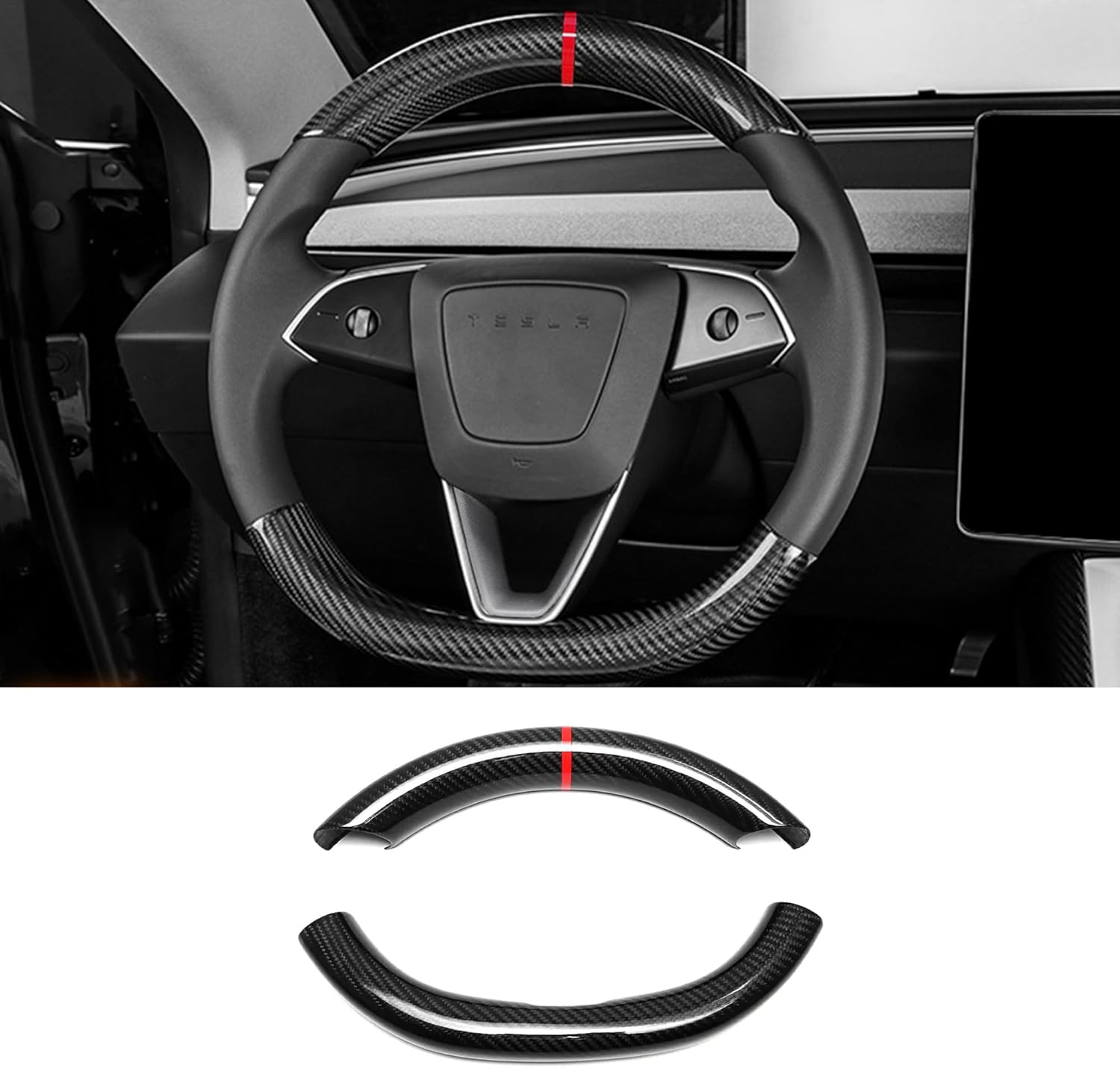 Real Carbon Fiber 2PCS Steering Wheel Cover (with red Markings) for 2024+ Model 3, 3K Carbon Fiber Steering Wheel Trim Compatible with 2024+ Tesla Model 3 Highland Model Y Juniper 2025 Glossy