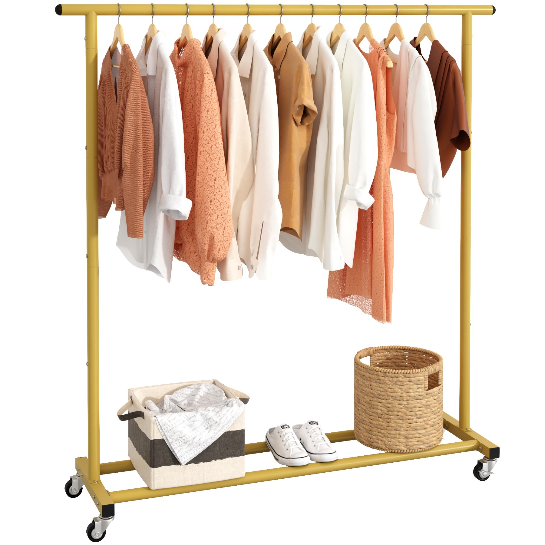 Photo 1 of ***MISSING PARTS***
Buzowruil Metal Rolling Clothing Rack Adjustable Freestanding Garment Organizer with Wheels, Space-Saving Design for Home, Closet, Office, or Retail, Gold