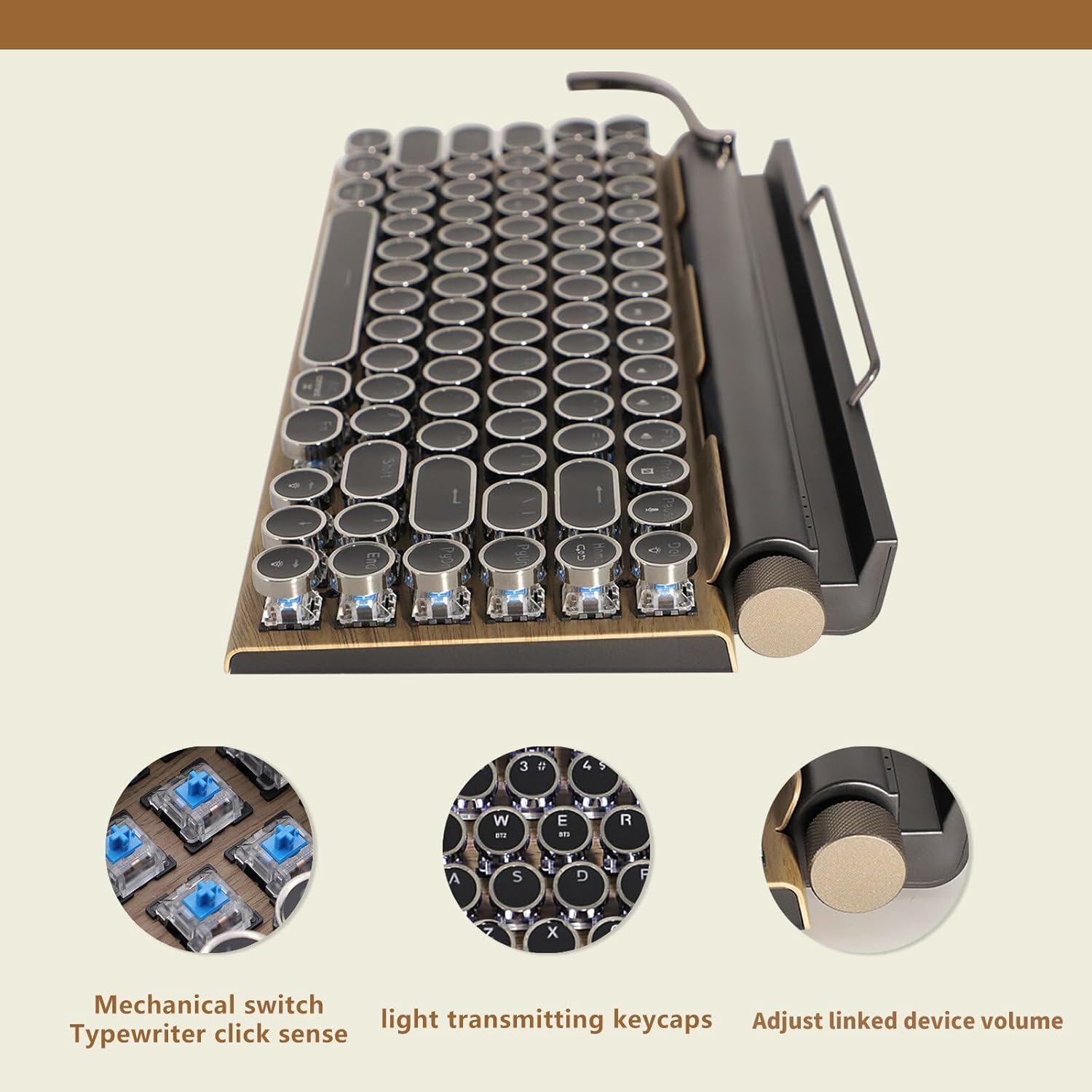 Adventurers Typewriter-Style Retro Mechanical Keyboard LED Backlight 83 Keys Bluetooth 5.0 Blue Axis Wood Color Panel Compatible with iOS/Android/Windows/Vista/Linux/Mac Office/Gaming, 12.8x6.6x1.6in Wood color with white backlight