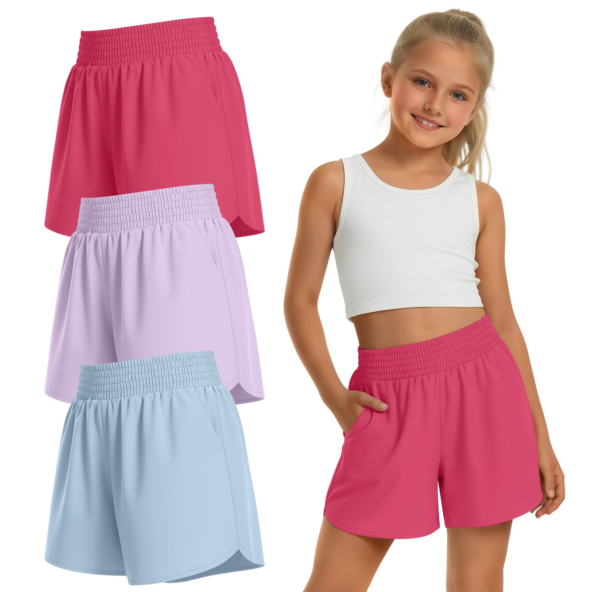 Clabby 3er-Pack Mädchen-Sportshorts mit Innenfutter 2-In-1 Kinder-Laufshorts Schnelltrocknend Elastischer Bund und Taschen