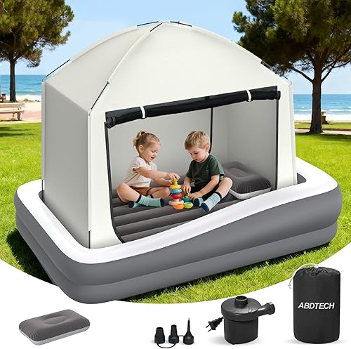 Miniatura 12 de Cama inflable de viaje para niños pequeños – Colchón de aire de seguridad de gran tamaño para niños con 4 lados – Cama portátil de camping