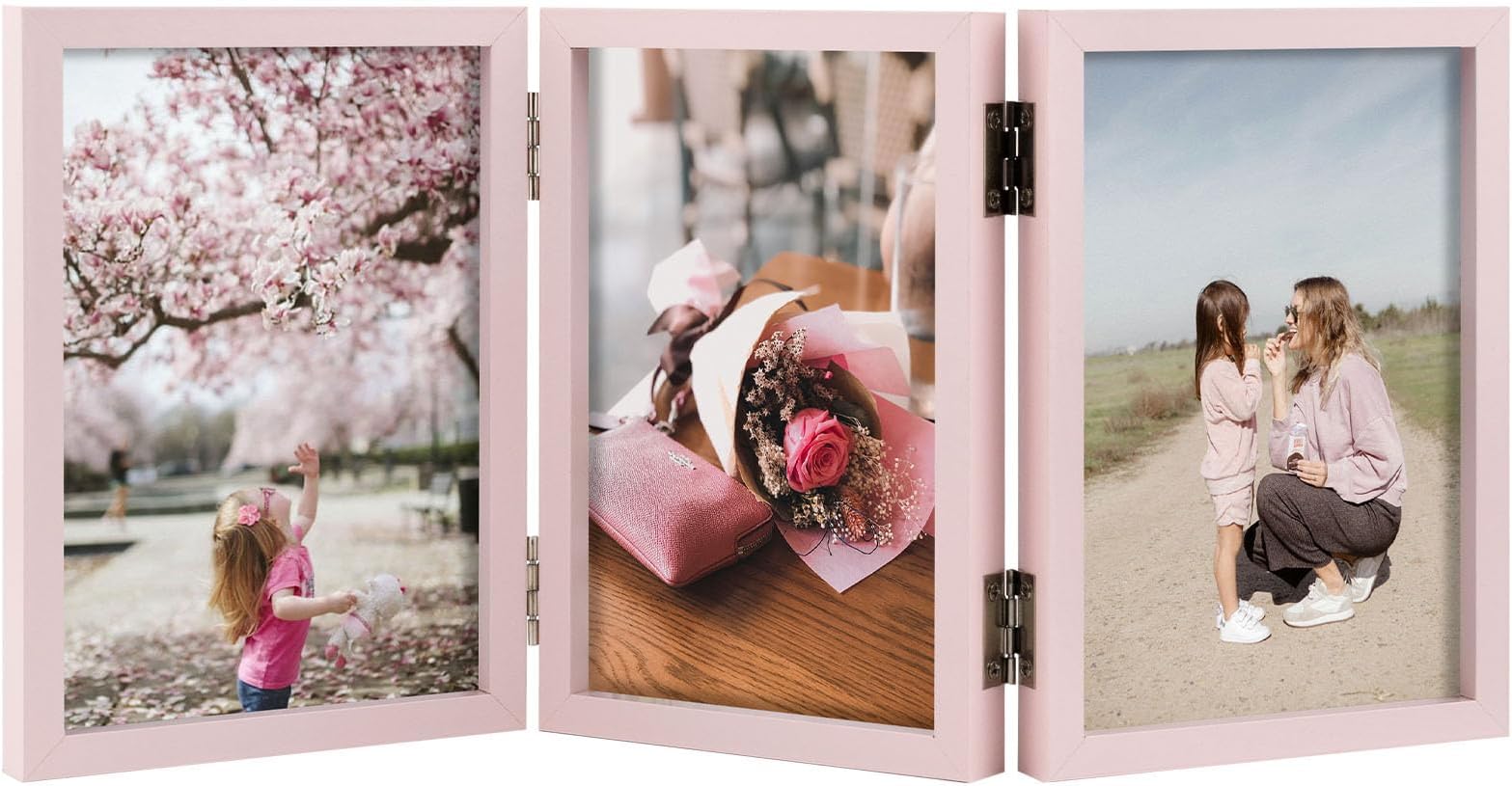 Triple 4x6 Picture Frame, 3 4x6 Folding Photo Frame, Standing Vertically on Desktop or Tabletop, Home Decorative Christmas, Pink