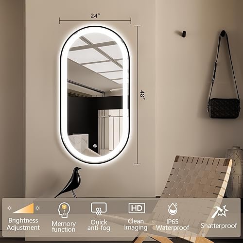 Miniatura 18 de Espejo de baño LED ovalado de 32 x 20 pulgadas con luces, espejo de tocador negro con luz antiniebla montado en la pared, espejo ovalado LED