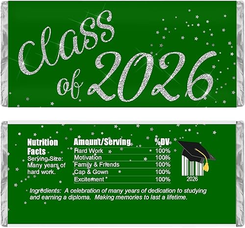 Miniatura 3 de Graduation Candy Wrappers, Chocolate Bar Labels, Class of 2026, Grad Party Favors, Pack of 20 (Green/Gold)