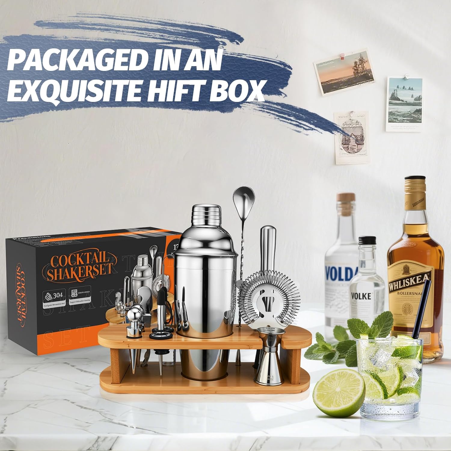Cocktail Shaker Set Bartender Kit: 13-Pcs Bar Tools Set with Bamboo Stand, Essential Bar Accessories for Home: 25oz Martini Shaker, Jigger, Bar Spoon, Professional Cocktails Kit for Drink Mixing |Gift - Image 2