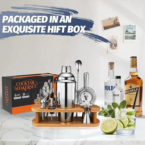 Miniatura 2 de Juego de coctelera de coctelera Kit de camarero Juego de herramientas de barra de 13 piezas con soporte de bambú, accesorios esenciales de barra