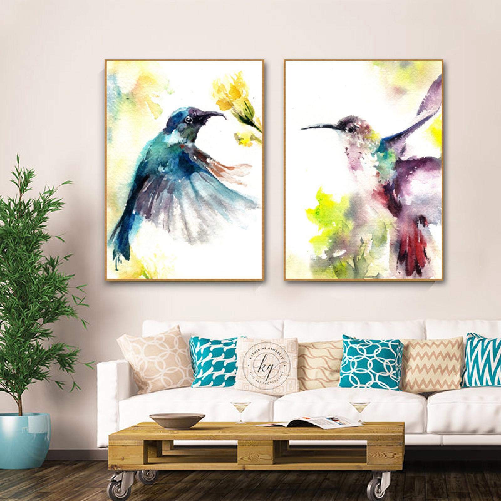Acuarela Colibrí Animal Pósteres e impresiones Lienzo Pintura Pájaro Pintura Arte de la pared Cuadros para niños Sala de estar 30x45cm (12x18in) x2 con marco