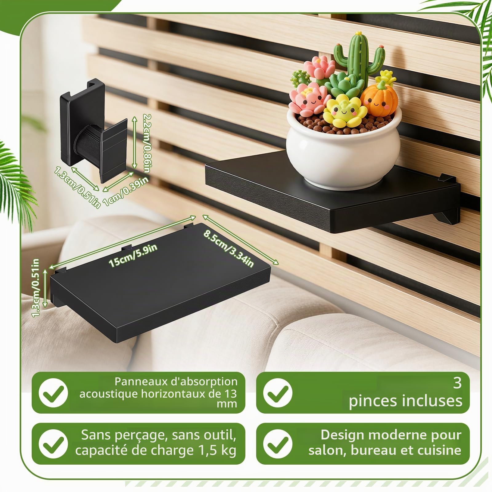 Meetory Étagère pour panneaux acoustiques - 2 pièces accessoires Panneaux acoustiques sans perçage Organisateur mural Étagère pour lattes Panneaux muraux Étagère flottante Salon