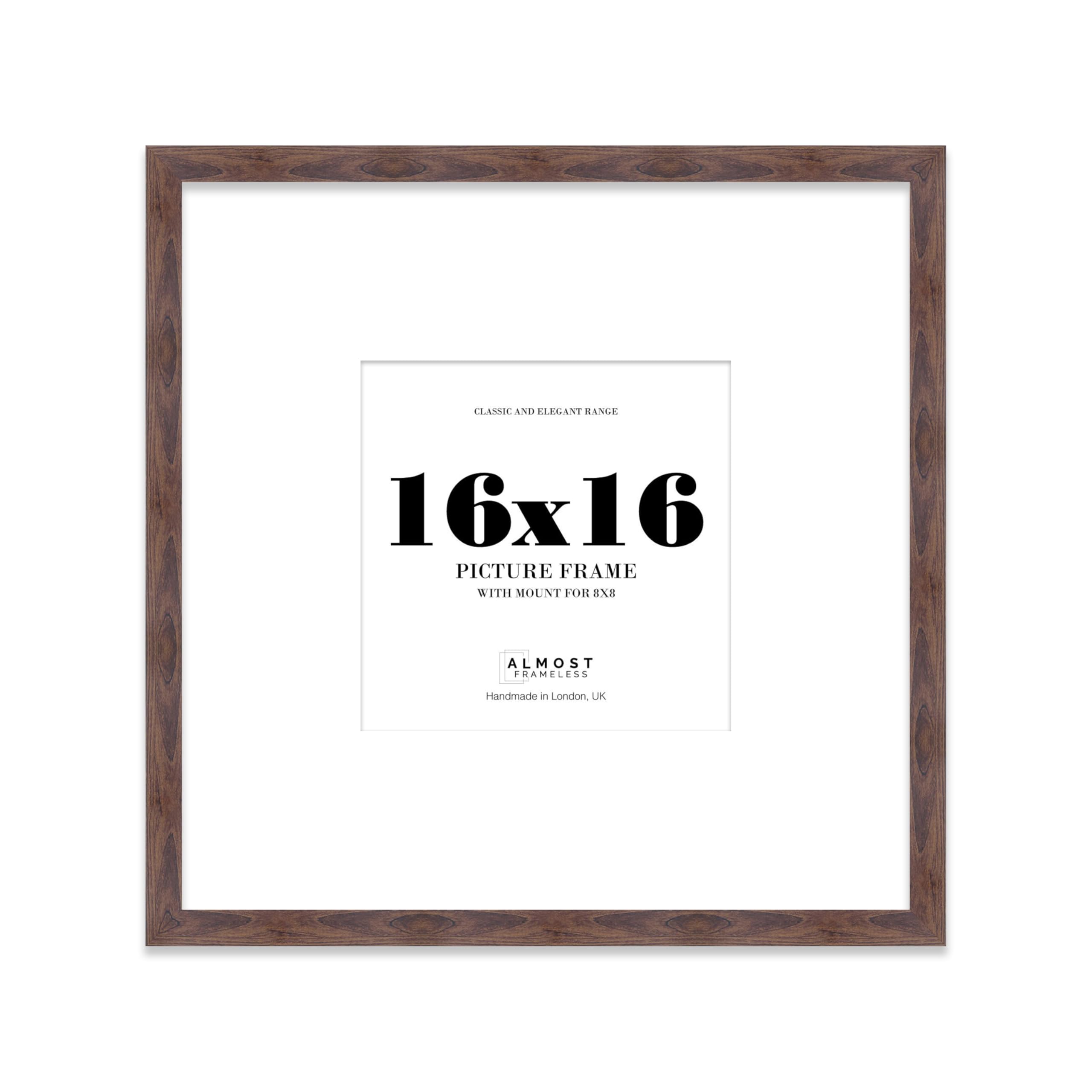 16x16 Walnut Picture Frame with Large Mount for 8x8 Photos, Prints - Modern Square Wall Frame, 1 Pack
