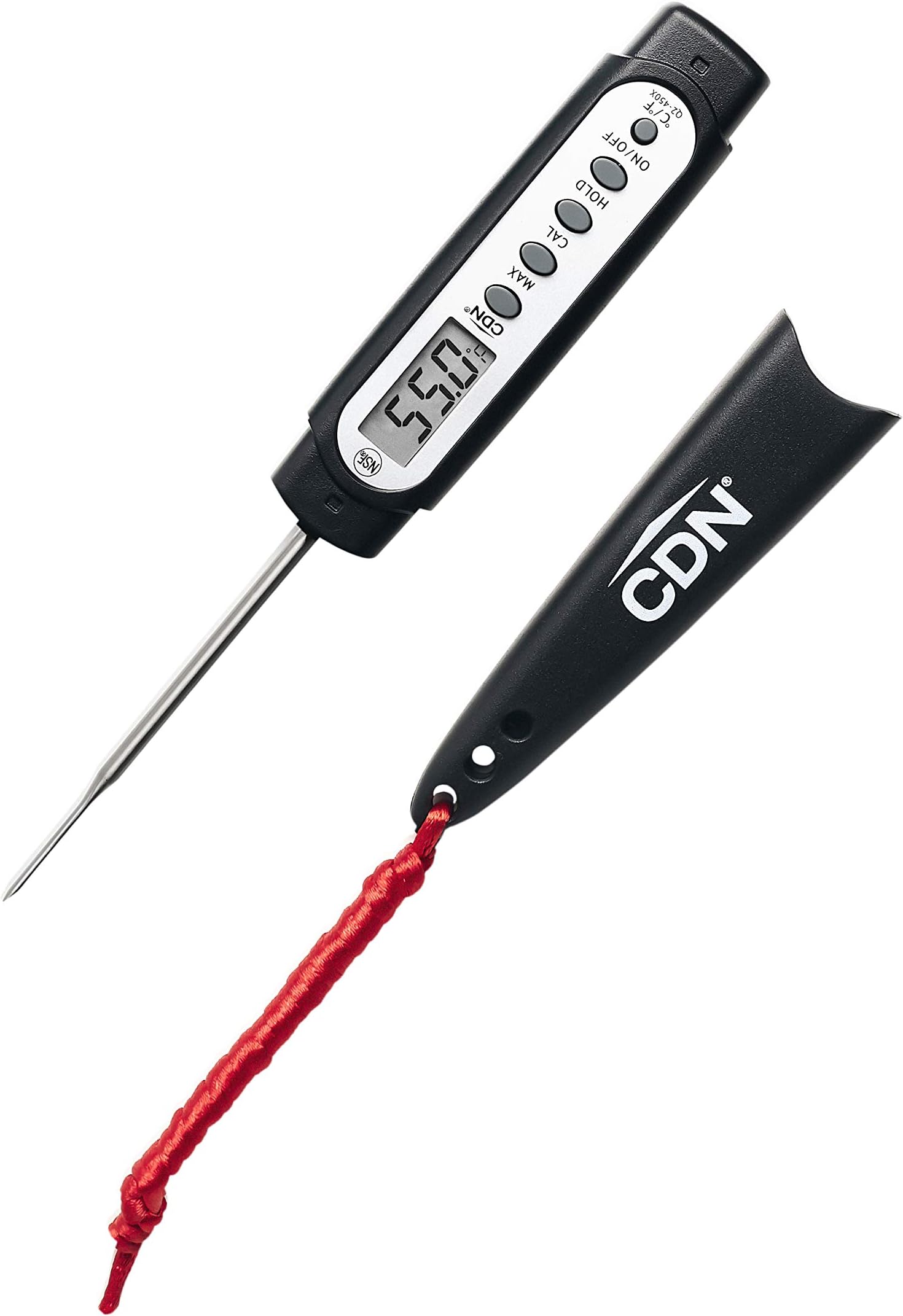 CDN ProAccurate® Waterproof Digital Thermometer with Protective Sheath, Easy to Read Display, 2.75" Stem with Thin Tip, Black/White (Q2-450X)