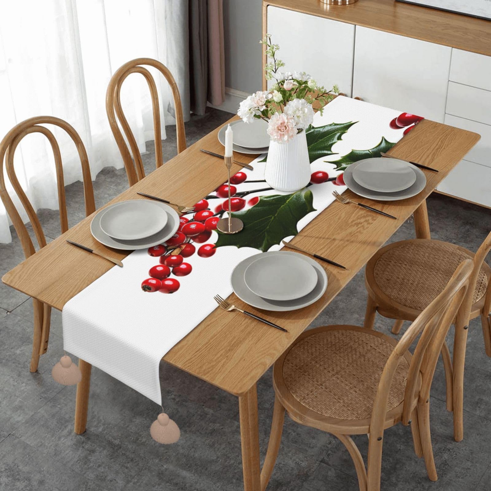 Chemin de table en lin houx et pampilles rustique pour décoration de table 35x152 cm