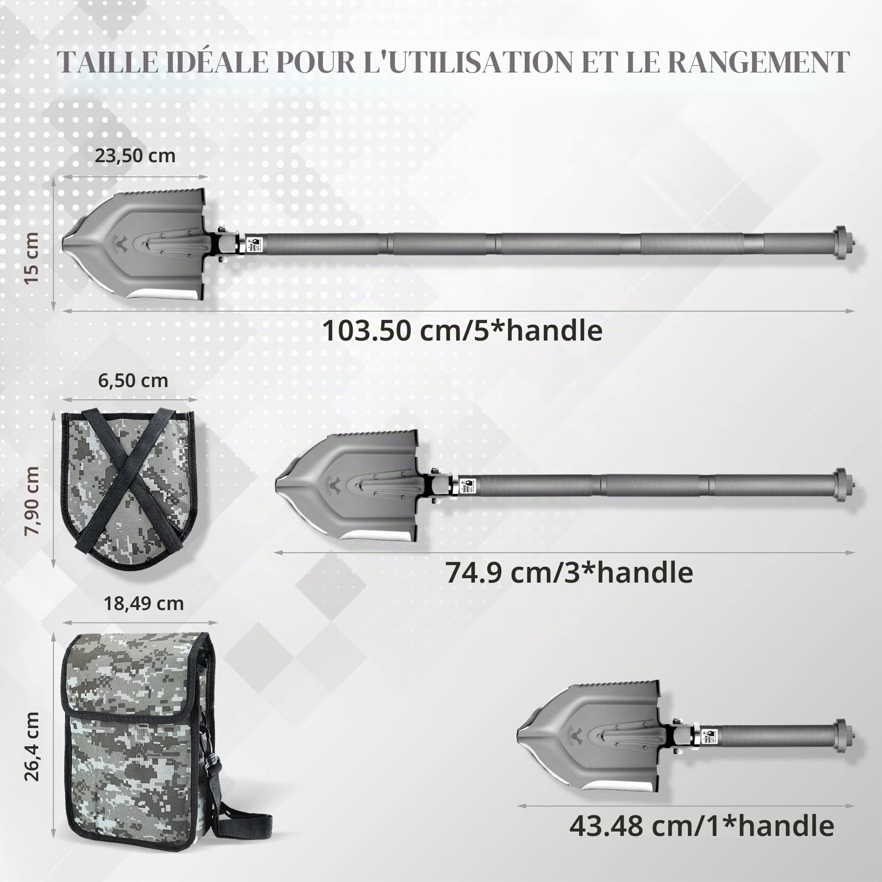 Zune Lotoo Pelle Pliante, Pelle Multifonctionnelle de Camping en Acier au Carbone, Pelle Pliante Portable 18 en 1 avec 3 Angles Réglables pour Camping, Randonnée, Jardin, Extérieur, Annihilate F1